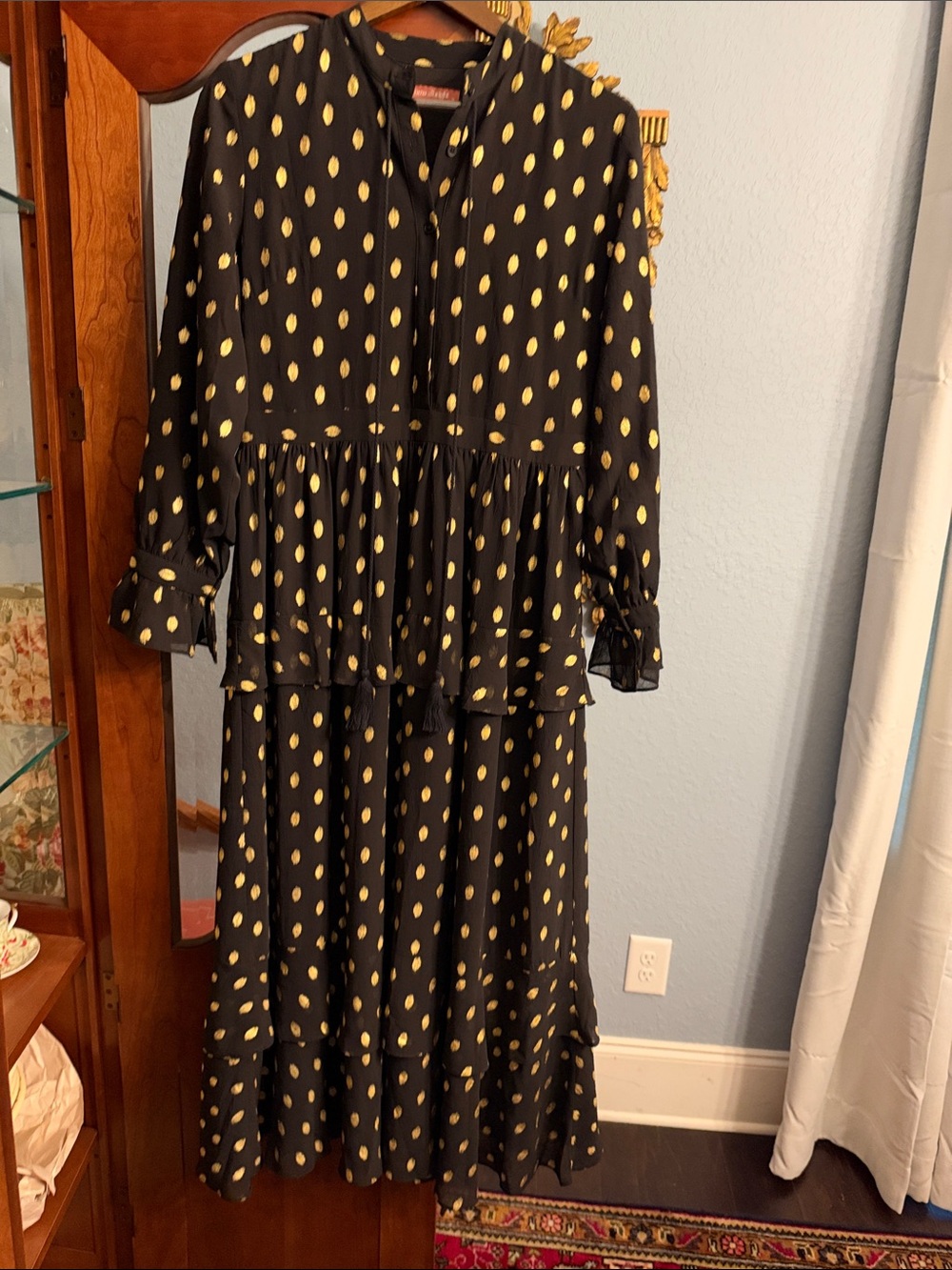 Black and Gold Polka Dot Tiered Midi Dress